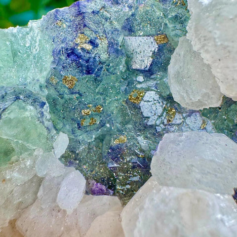 Raw mineral specimen featuring vibrant blue and green fluorite crystals with sparkling golden pyrite inclusions.