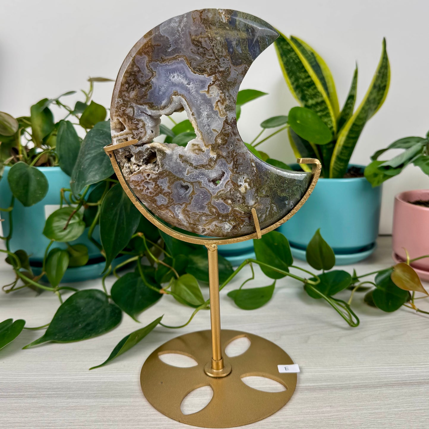 Druzy Moss Agate Moon (W/ Stand)