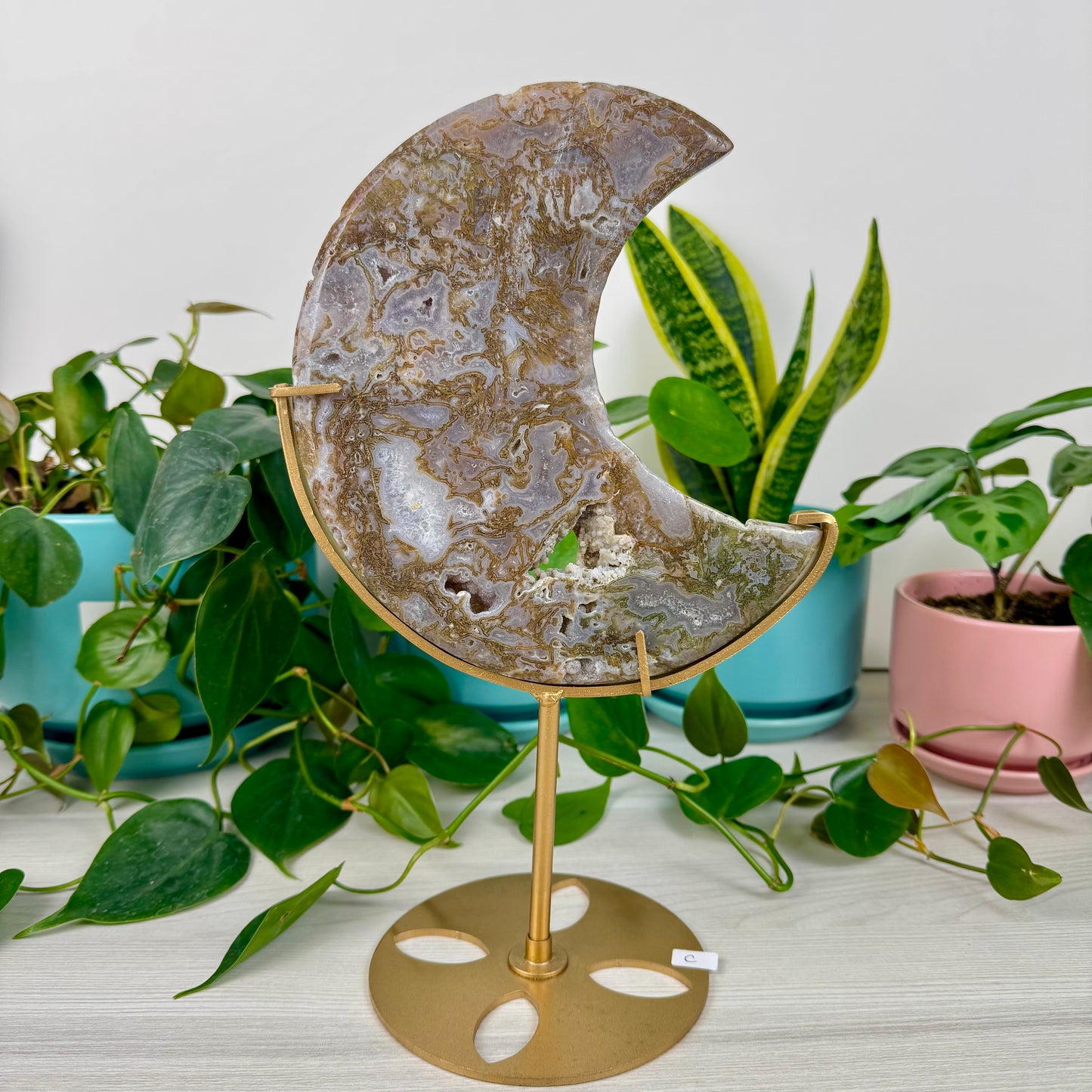 Druzy Moss Agate Moon (W/ Stand)