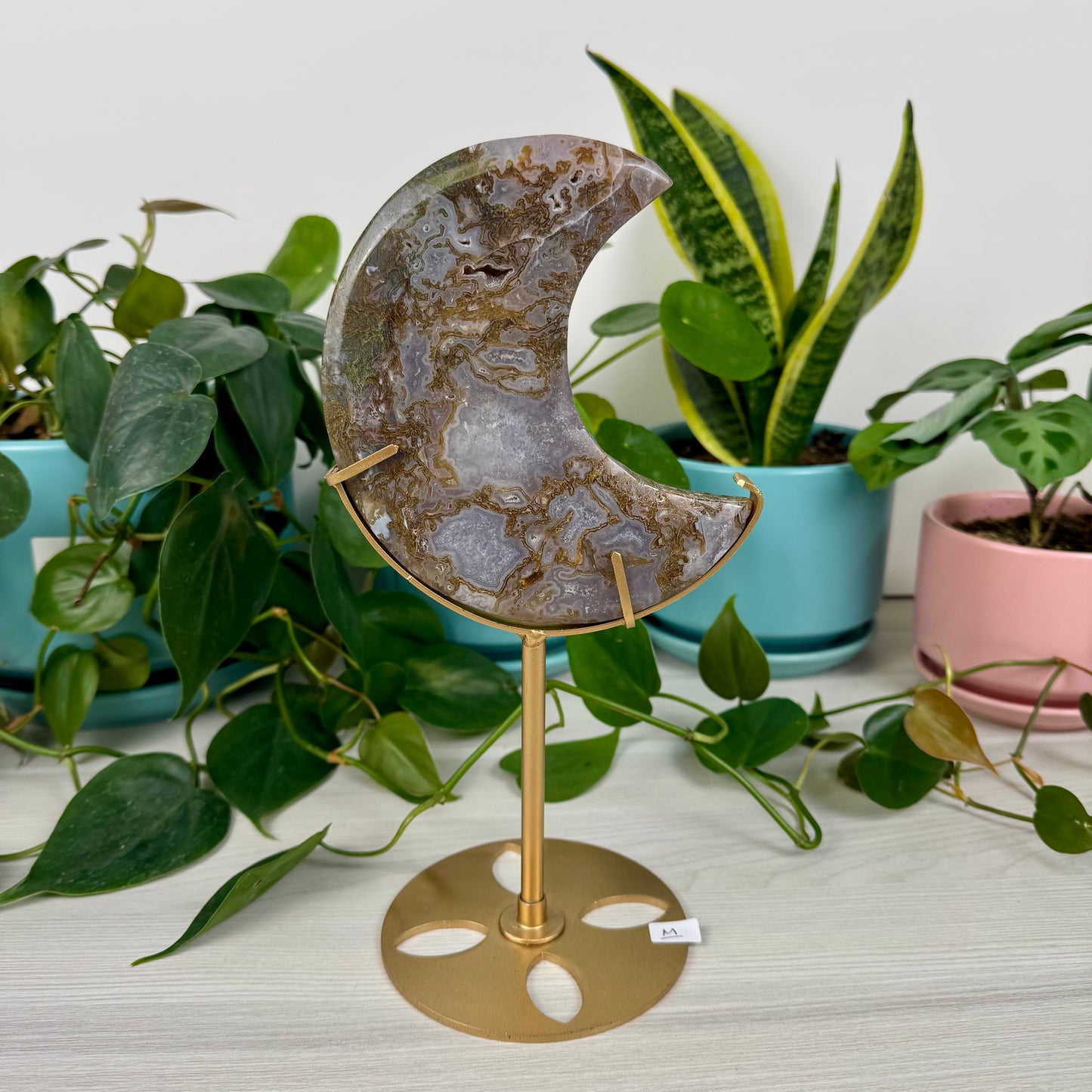 Druzy Moss Agate Moon (W/ Stand)