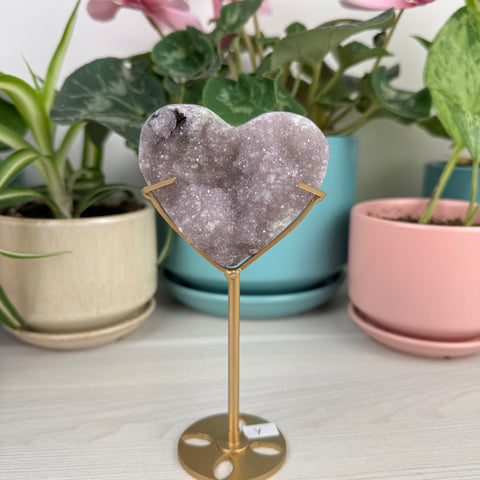 Hand-Carved Uruguayan Rainbow Amethyst Heart (W/ Custom Stand)