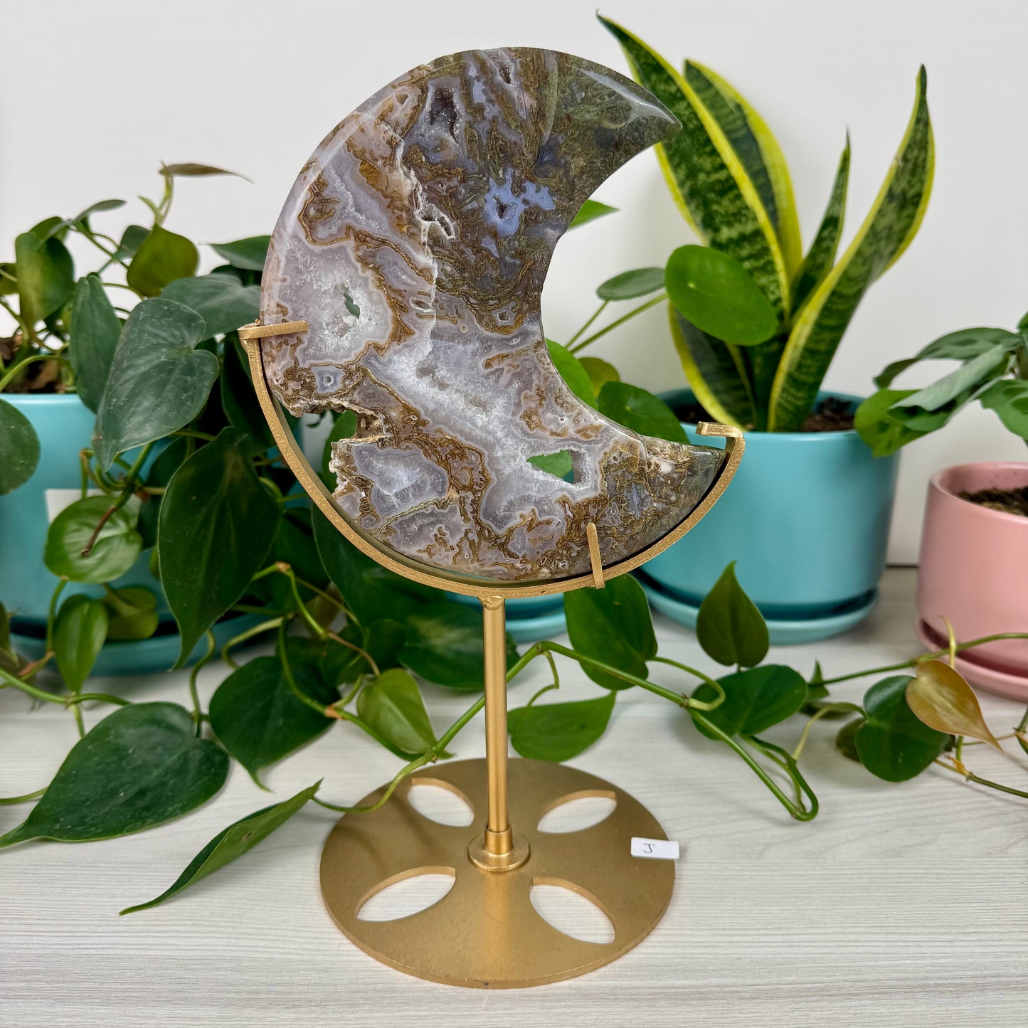 Druzy Moss Agate Moon (W/ Stand)
