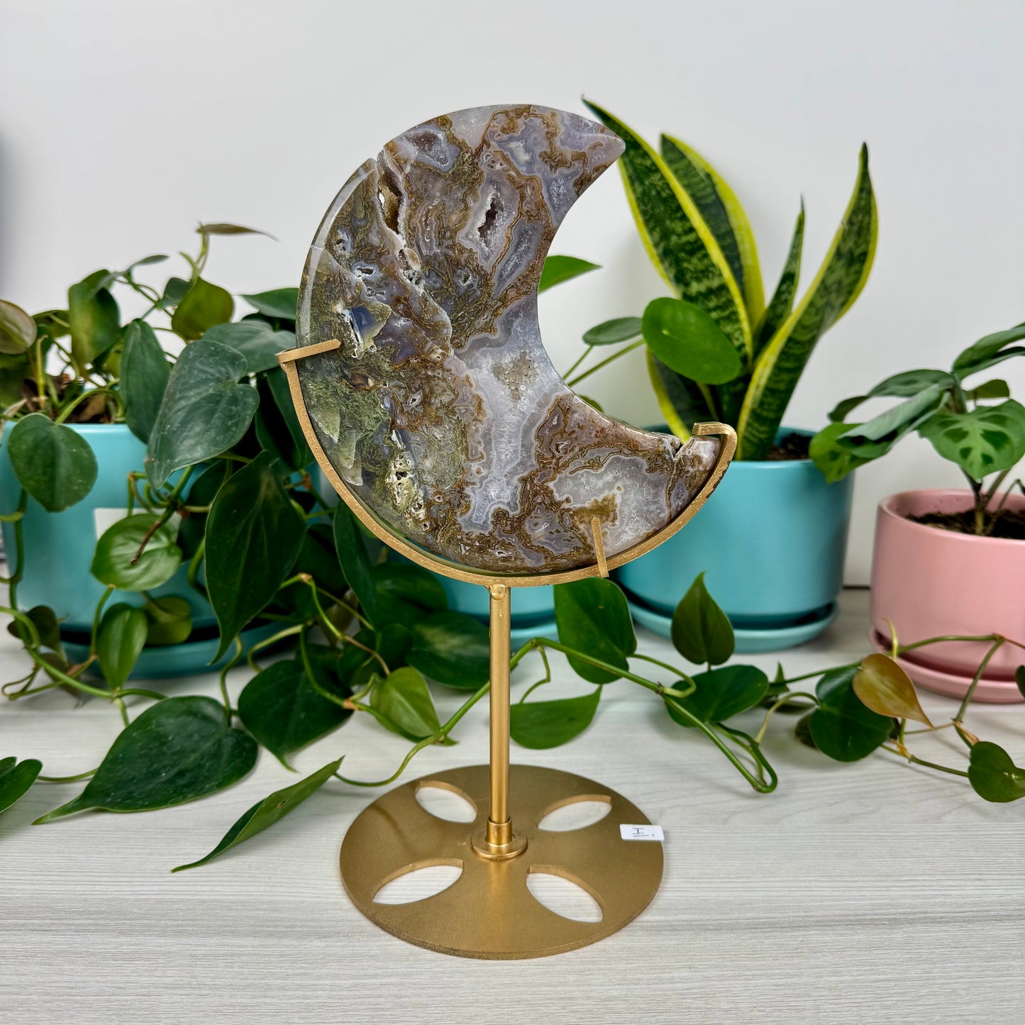 Druzy Moss Agate Moon (W/ Stand)