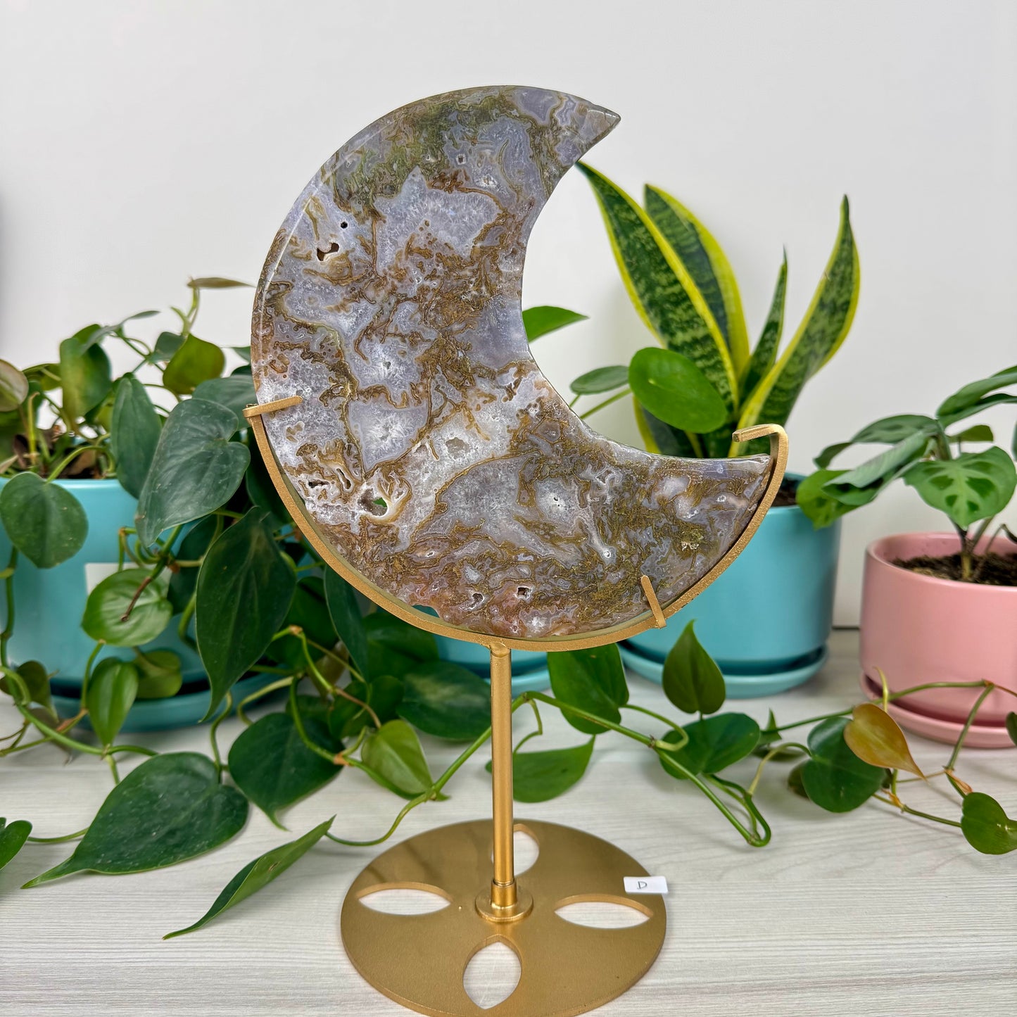 Druzy Moss Agate Moon (W/ Stand)