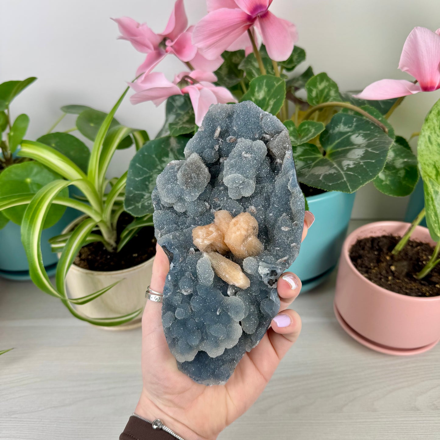 Orange Stilbite On Sparkling Blue Chalcedony
