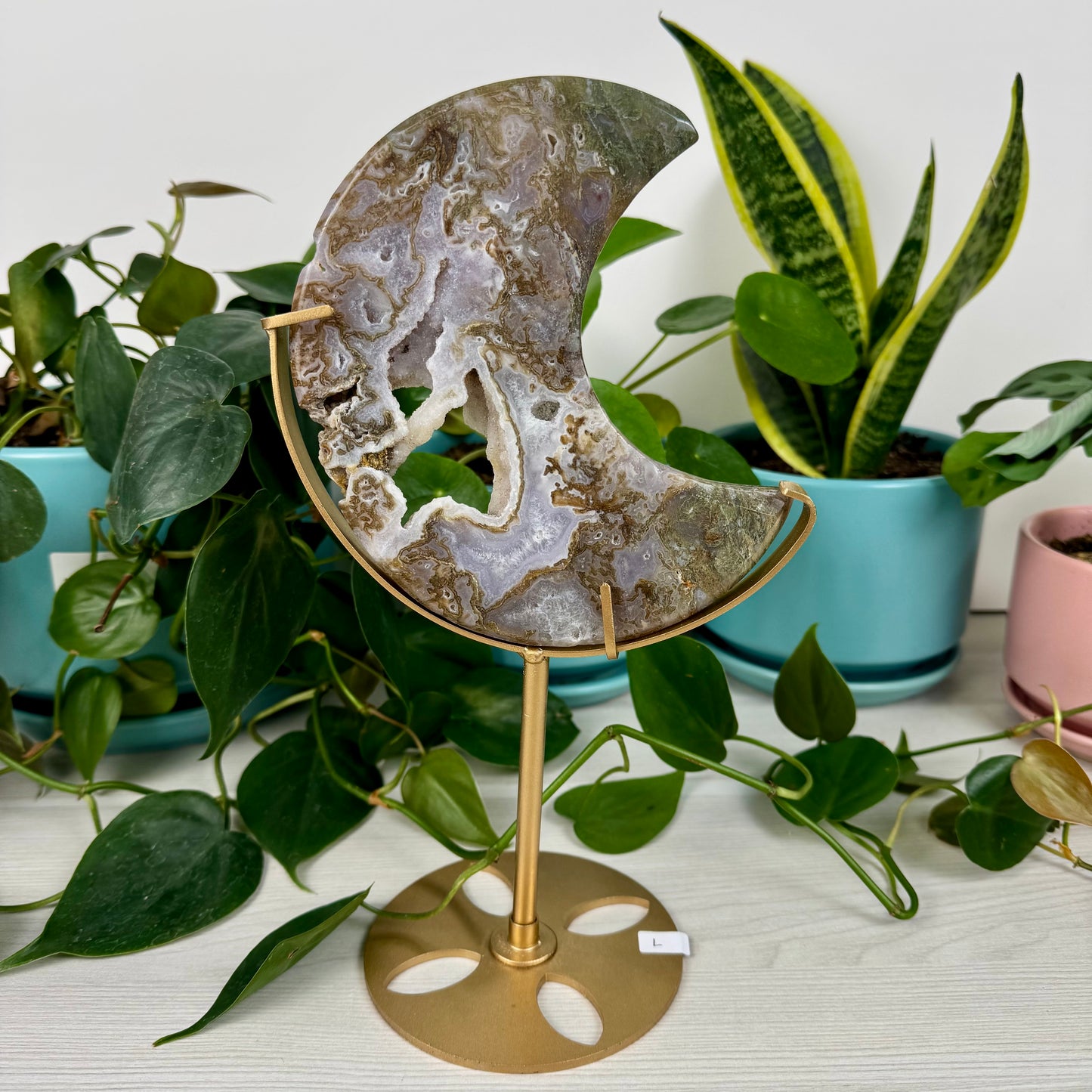Druzy Moss Agate Moon (W/ Stand)