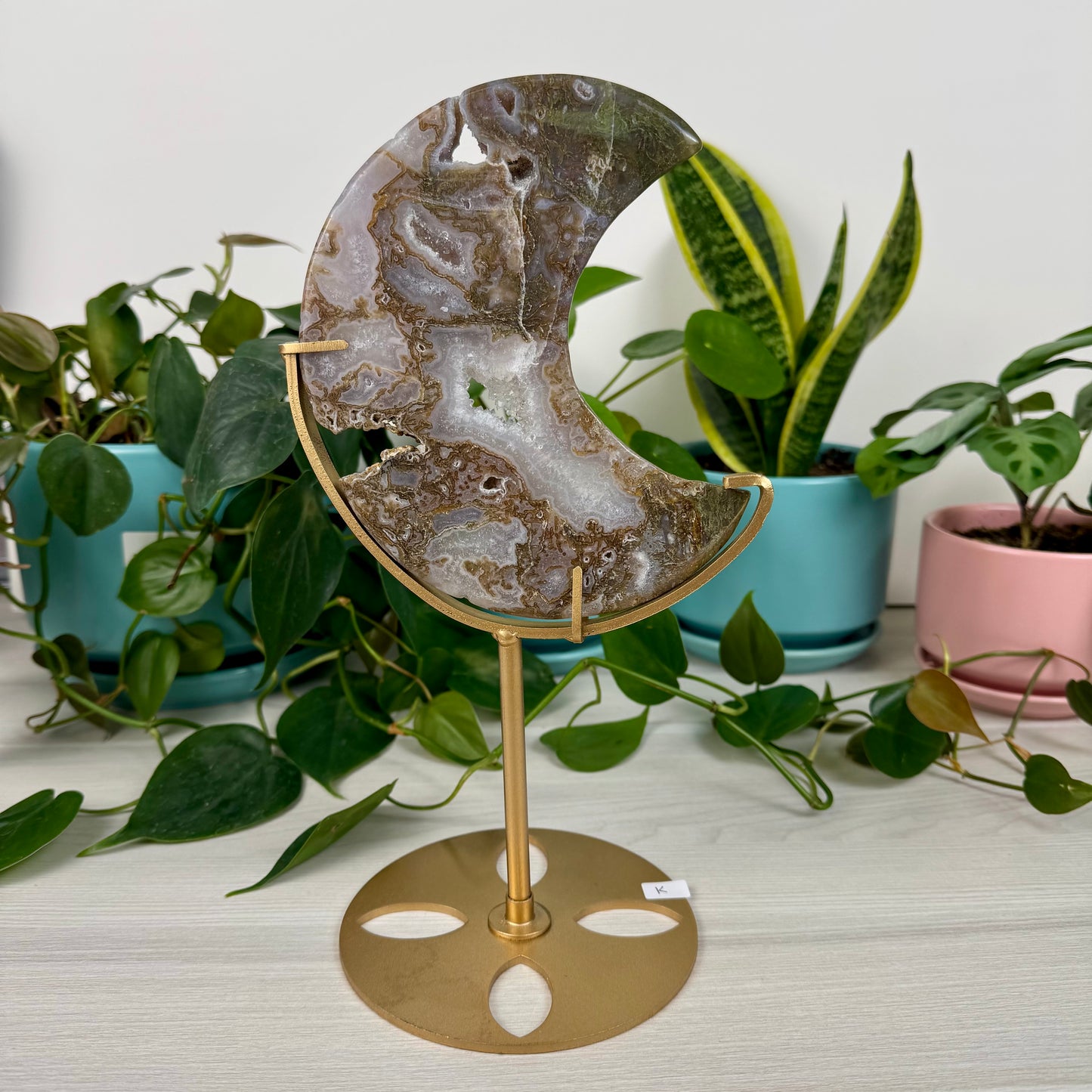 Druzy Moss Agate Moon (W/ Stand)