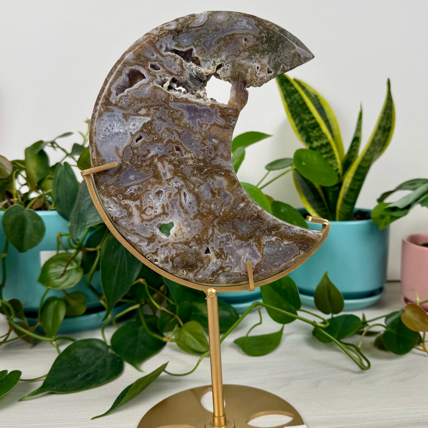 Druzy Moss Agate Moon (W/ Stand)