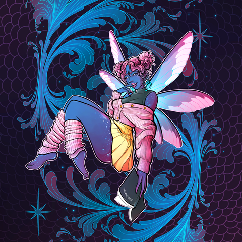 Blue-skinned fairy with pink hair, wearing a pink sweater and yellow skirt, holding a book, against a dark blue ornate background.