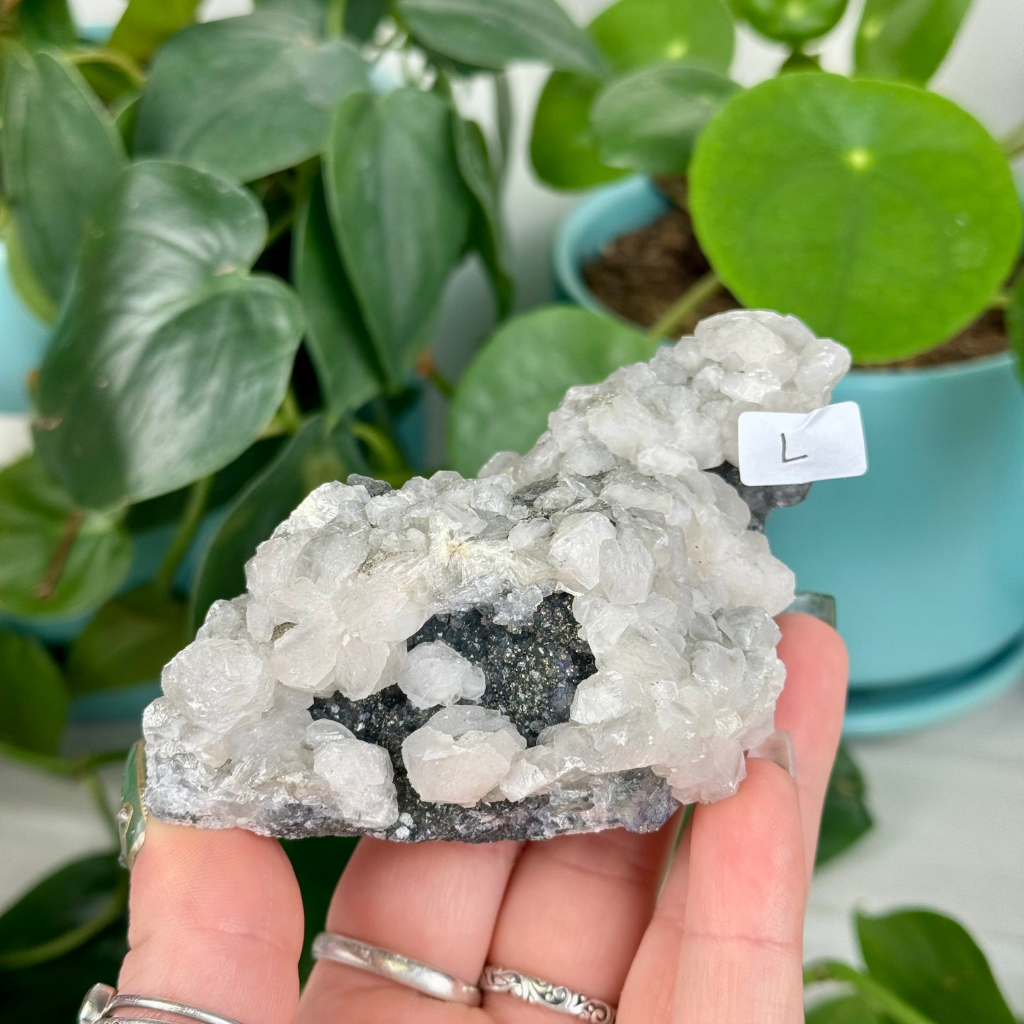 Pink Mangano Calcite and Pyrite on Green Fluorite