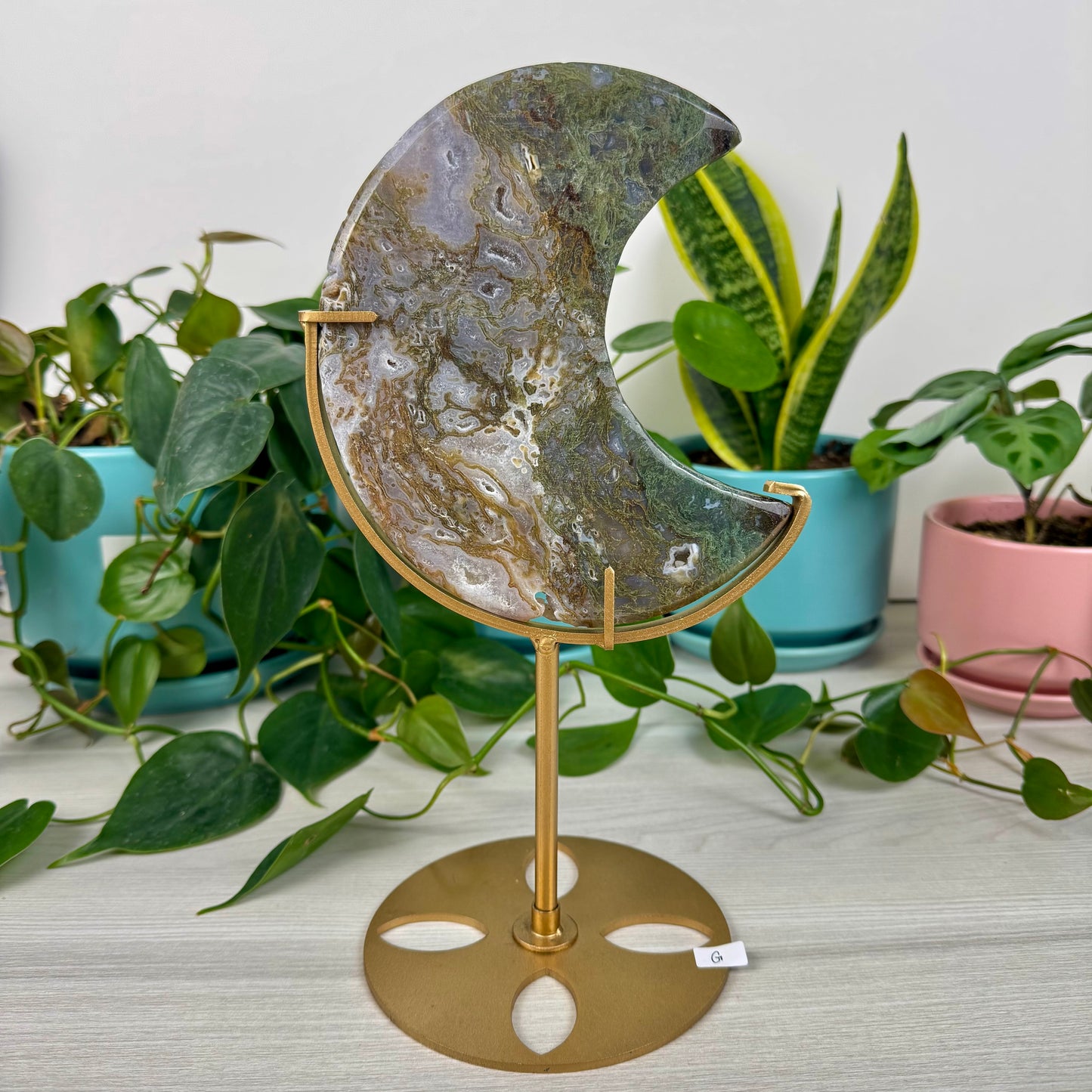 Druzy Moss Agate Moon (W/ Stand)