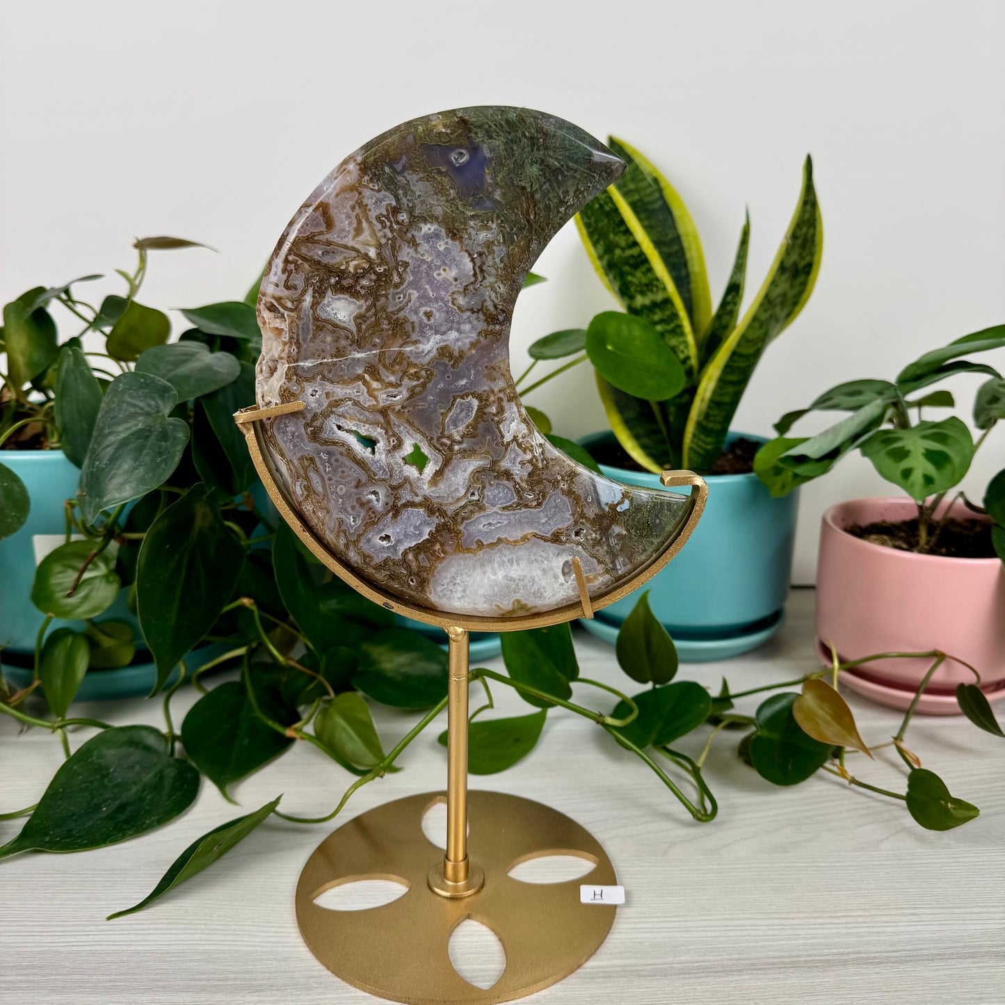 Druzy Moss Agate Moon (W/ Stand)