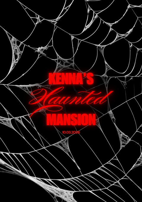 Intricate white spiderwebs on a black background with glowing red text reading Kenna's Haunted Mansion and the date.