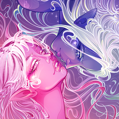 Two stylized fantasy figures, one pink and one purple, with flowing hair, almost touching lips.