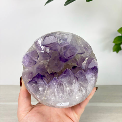Handheld amethyst geode sphere with deep purple crystal points and a polished agate exterior.