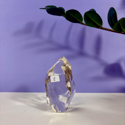 Clear quartz polyhedron crystal labeled E, featuring faceted transparent surfaces against a purple background with leaf shadows.