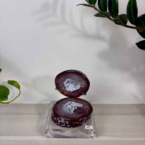 Open Druzy Mermaid Box with deep purple agate shell and sparkling white crystal geode center on a clear acrylic stand.