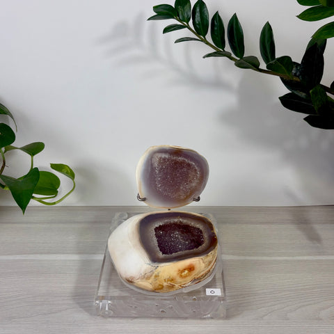 Druzy mermaid box featuring a split agate geode with sparkling purple crystals on a clear acrylic display stand.