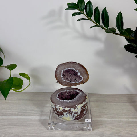 Druzy mermaid box featuring a split brown agate geode with a sparkling purple amethyst crystal interior on a clear stand.
