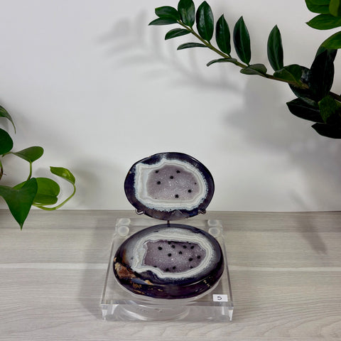 Small Druzy Mermaid Box featuring a polished purple agate geode with sparkling crystal interior on a clear acrylic stand.