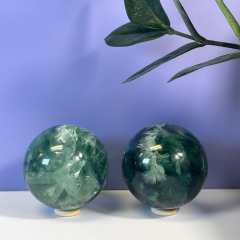 Two unique Feather Fluorite Spheres, one lighter green and one darker, showcasing natural patterns.