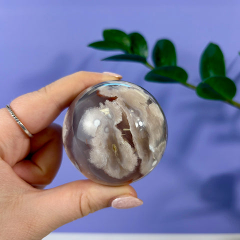 Polished flower agate sphere with white floral inclusions held in a hand against a purple background.