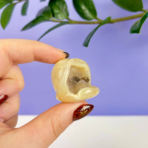 Hand held yellow druzy agate carved into a small, smooth turtle shell shape with a sparkling crystal center.