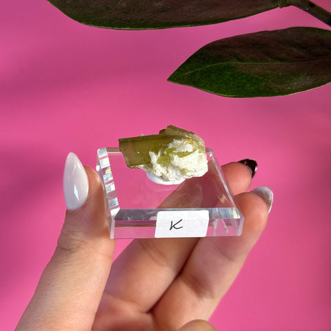 Green tourmaline specimen on a clear acrylic stand with "K" label, held against a pink background.