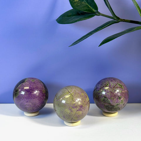 Three imperfect stichtite spheres, purple and green, on white stands against a purple background.