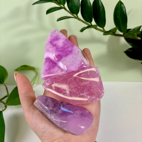 Polished jelly pink aragonite free form crystals held in a hand against a green plant background.