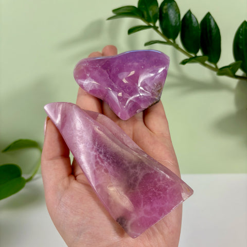 Two polished jelly pink aragonite free form crystals held in a hand against a light green background.