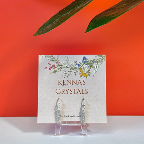Beaded Labradorite earrings with clear crystal drops on a "Kenna's Crystals" card.
