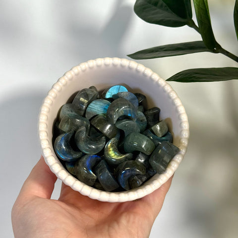 Hand holding a white bowl filled with polished mini labradorite moon crystals featuring blue and gold flashes.
