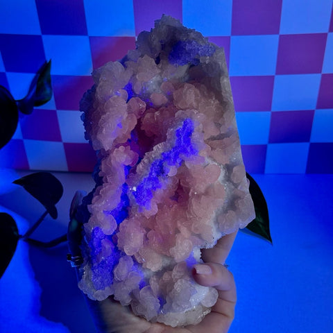Mint-green fluorite with calcite specimen, showing pink and purple under UV light.
