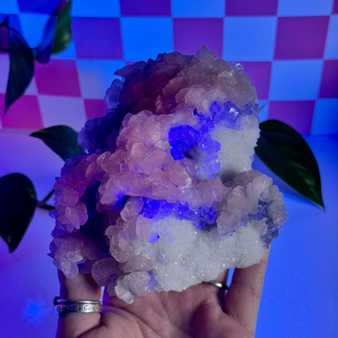 Mint-green fluorite with calcite specimen, showing light pink and white crystals with blue glow.