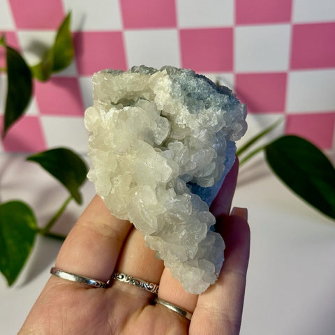 Hand holds a mint-green fluorite with calcite specimen against a pink and white checkered background.