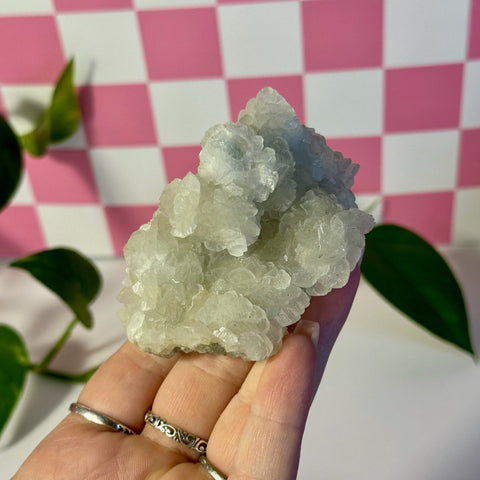 Mint-green fluorite with calcite specimen held in hand, against a pink and white checkered background.