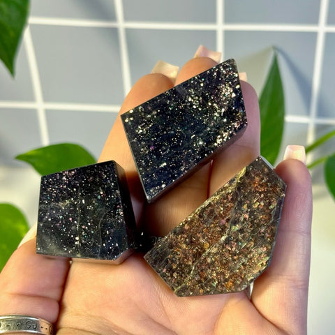 Three dark, faceted Mystery Galaxy Iolite crystals with shimmering specks held in a hand.