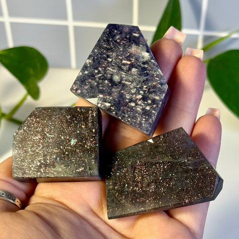 Three dark, sparkly Mystery Galaxy Iolite crystals with flat tops and faceted sides, held in a hand.