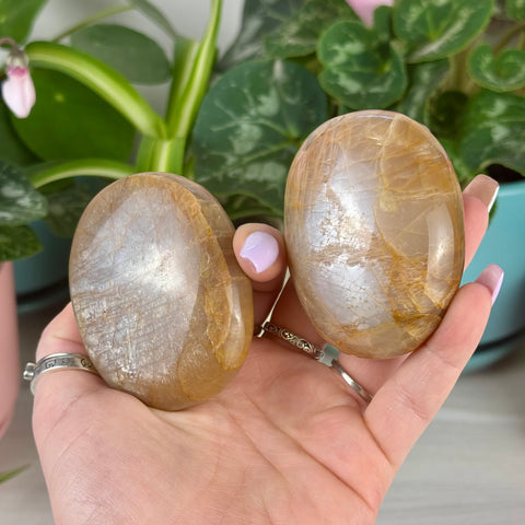 Two smooth, oval Peach Moonstone palm stones with creamy peach hues and shimmer held in a hand.
