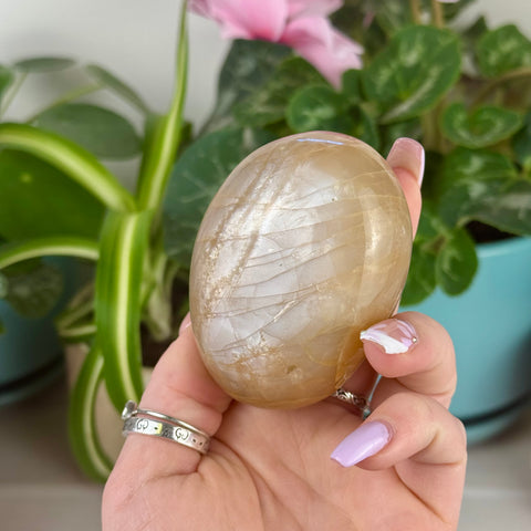 Hand holding a smooth, oval peach moonstone palm stone with creamy peach hues and shimmer.