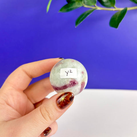 Hand holding a polished pink and white tourmaline sphere with a Y2 label against a blue and white background.