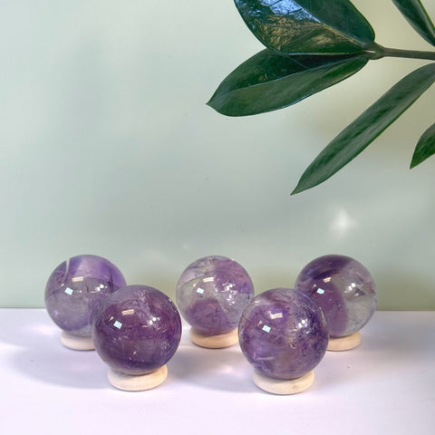 Five polished Phantom Amethyst spheres, deep purple with clear inclusions, on light wooden stands.