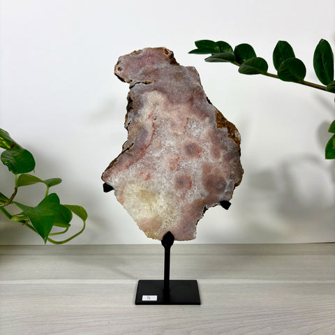 Small Pink Amethyst crystal slab with sparkling druzy texture on a black metal display stand.