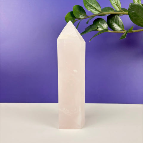 Polished pink calcite crystal tower standing on a white surface against a purple background with green leaves.