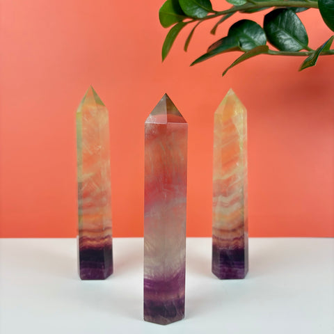 Three Poison Candy fluorite crystal towers with purple, yellow, and clear banded patterns on a white surface.