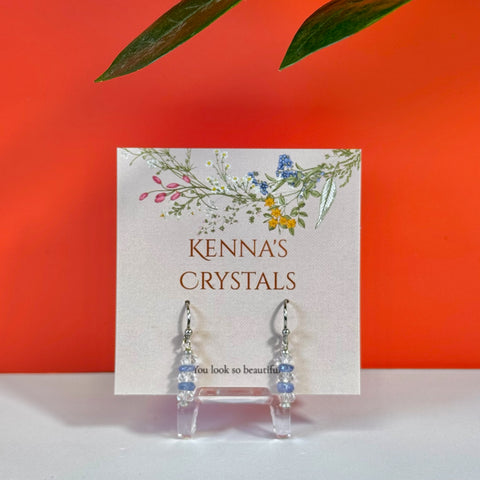 Tanzanite & Herkimer Diamond earrings on a floral "Kenna's Crystals" card.