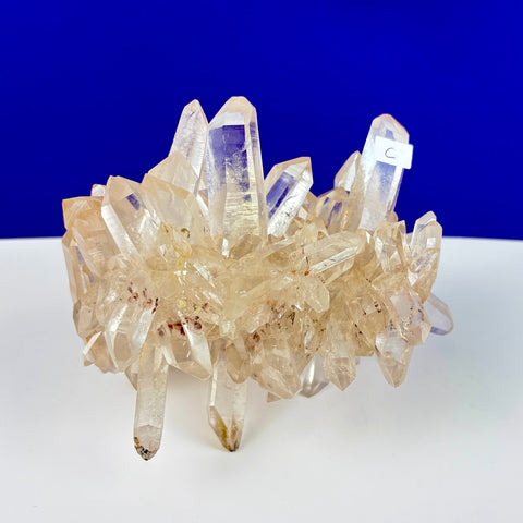 Cluster of clear Himalayan quartz crystals with golden inclusions on a white surface against a blue background.