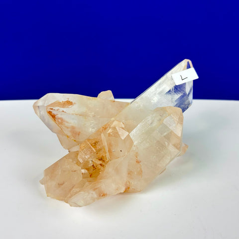 Himalayan quartz cluster with clear, pointed crystals and warm orange iron inclusions against a blue background.
