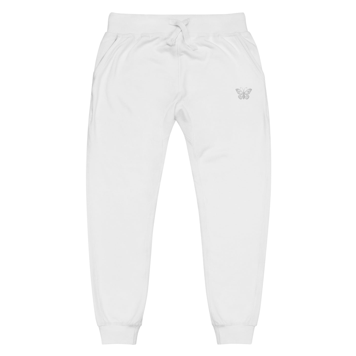 White Unisex Fleece Sweatpants Embroidered Butterfly